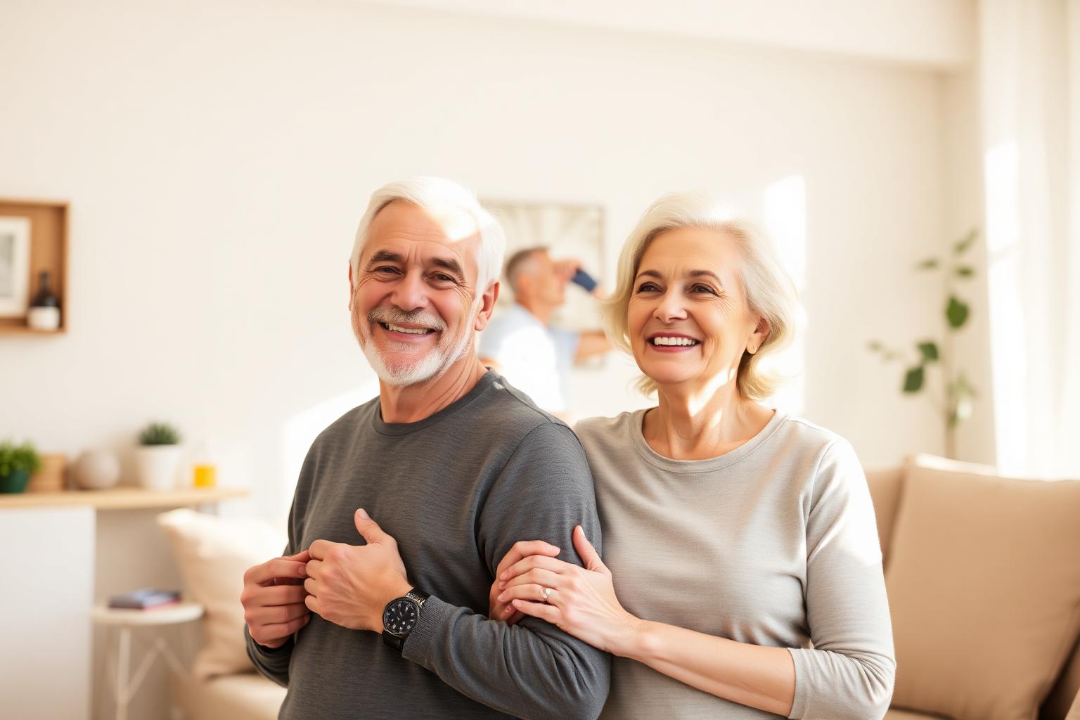 Active senior couple smiling at home